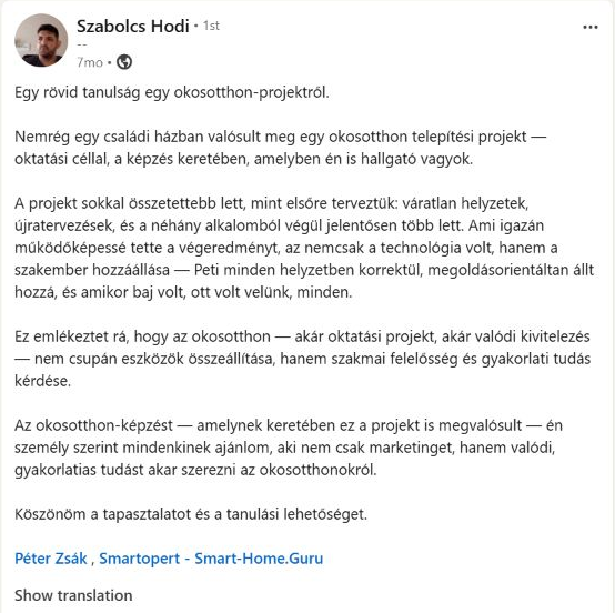 Hódi Szabolcs LinkedIn-bejegyzése az Okosotthon Guru képzés gyakorlati tapasztalatairól